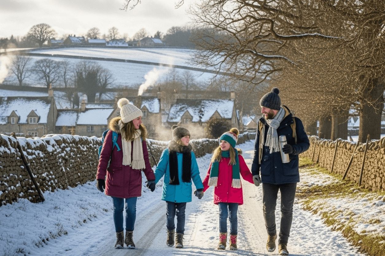 Family walking along a snowy village lane