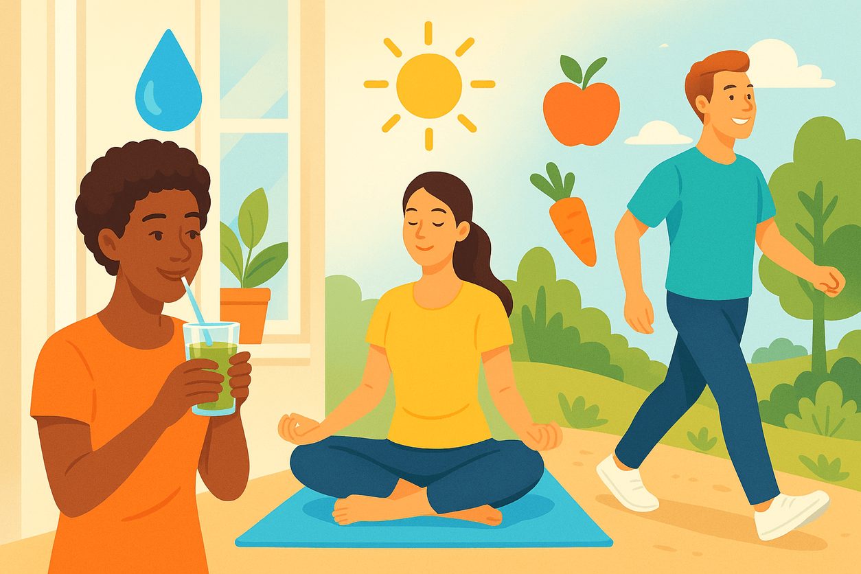 An illustration of three people drinking a smoothie, doing yoga and walking in nature, with icons for water, sunshine, fruit and vegetables